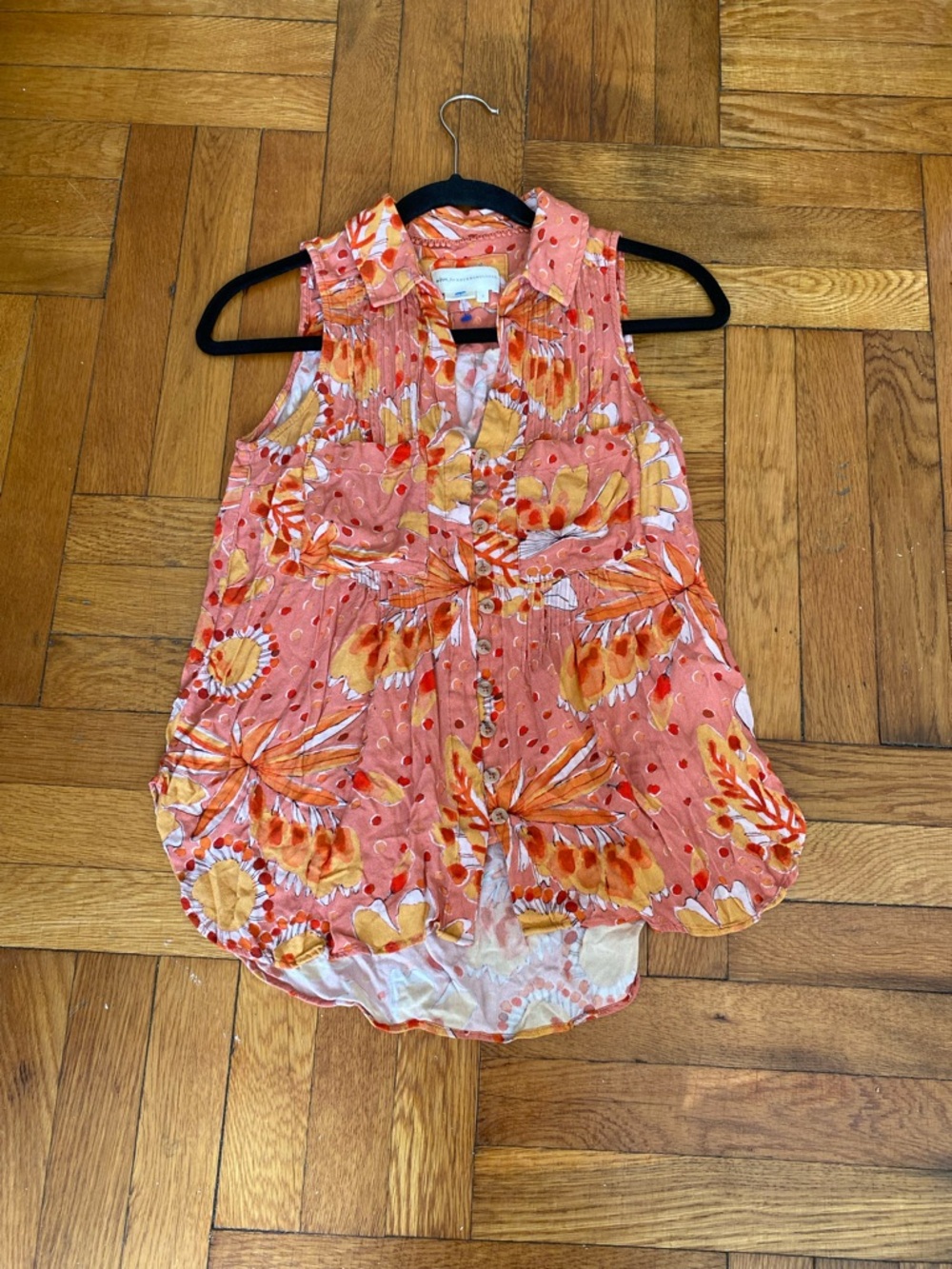 Anthropologie Sleeveless Button Front Blouse S Orange Floral Pleated Boho